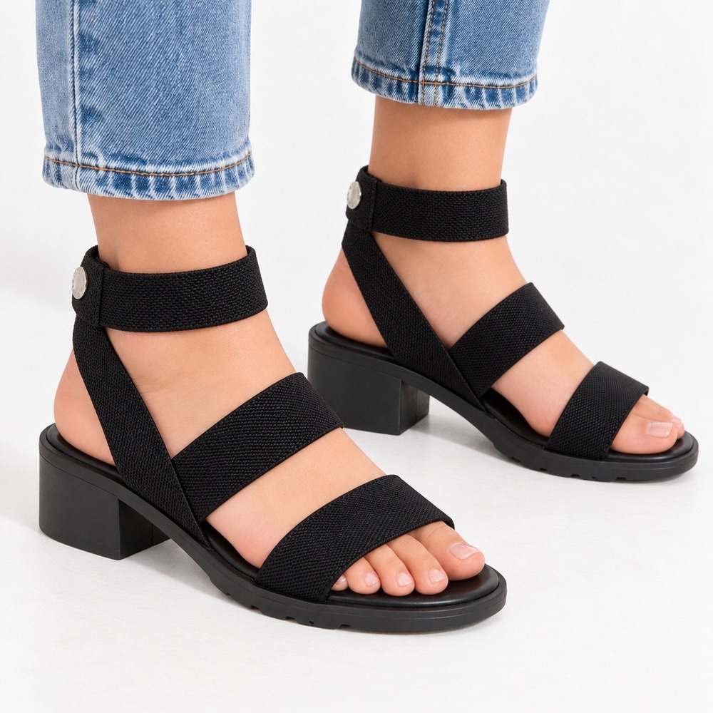 Steve Madden Jnoahh Black Elastic Strappy Platform Block Heel Sandals Girls 3